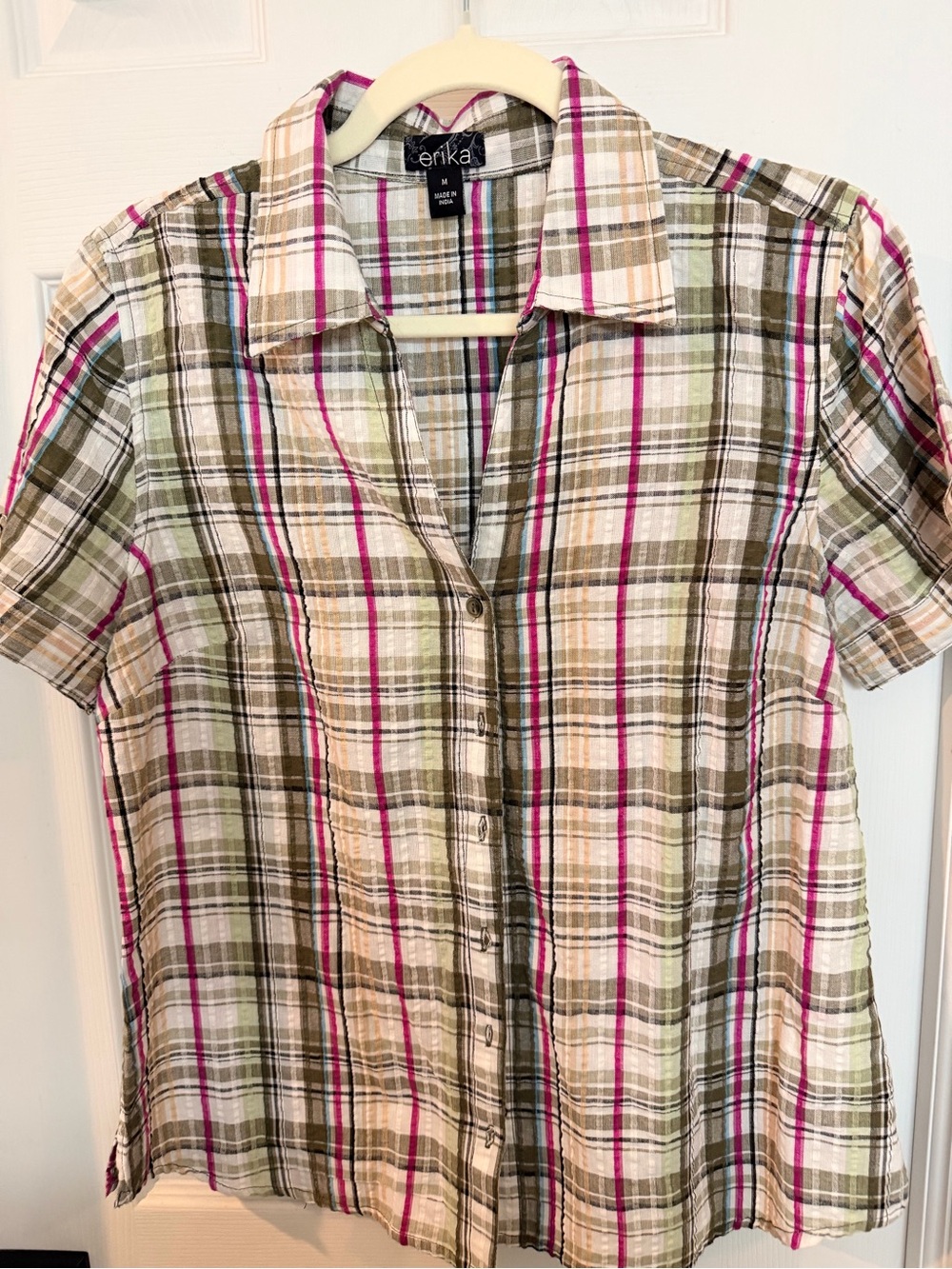 Erika Magnolia Plaid Button Front Shirt Medium Pink Olive Y2K 2013